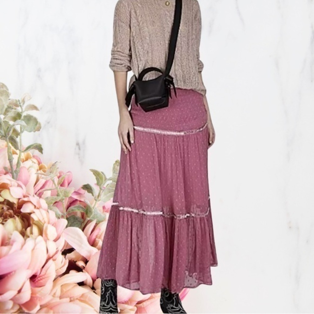 Free People Womens Ella Ruched Tiered Sugar Plum Maxi Skirt Size 2~ NWT